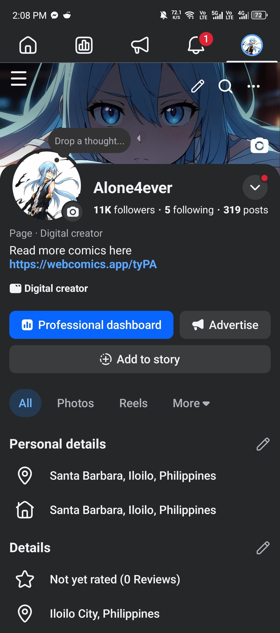 Facebook account screenshot showing audience proof.